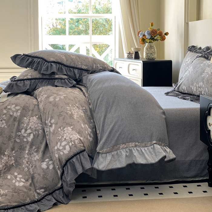 91家纺网 家纺一手货源 找家纺 艺玲家纺 2025新款亲肤舒适复古水洗亚麻四件套 海棠花开