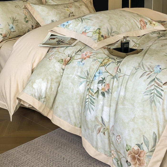 91家纺网 家纺一手货源 找家纺 薏思家纺 2025新款全棉斜纹加厚数码印花-宽边磨毛系列 美伊绿