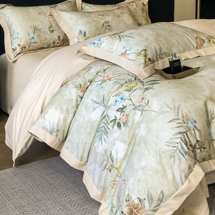 91家纺网 家纺一手货源 找家纺 薏思家纺 2025新款全棉斜纹加厚数码印花-宽边磨毛系列 美伊绿