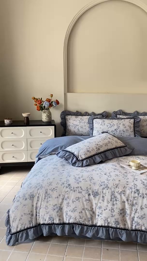 91家纺网 家纺一手货源 找家纺 艺玲家纺 2025新款亲肤舒适复古水洗亚麻四件套 青瓷岁月