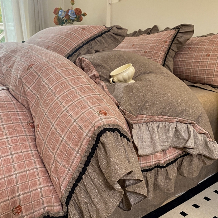 艺玲家纺 2025新款亲肤舒适复古水洗亚麻四件套 简粉格