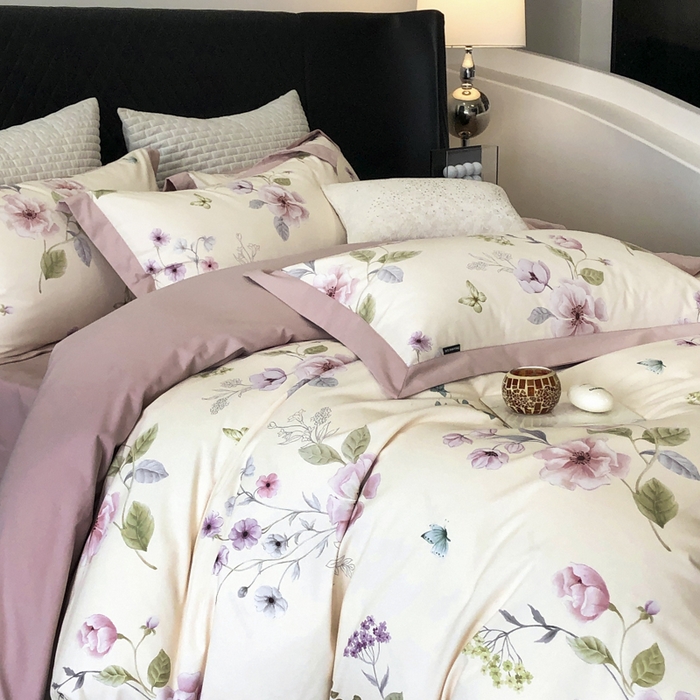 91家纺网 家纺一手货源 找家纺 薏思家纺 2025新款全棉斜纹加厚数码印花-宽边磨毛系列 蝶花清梦