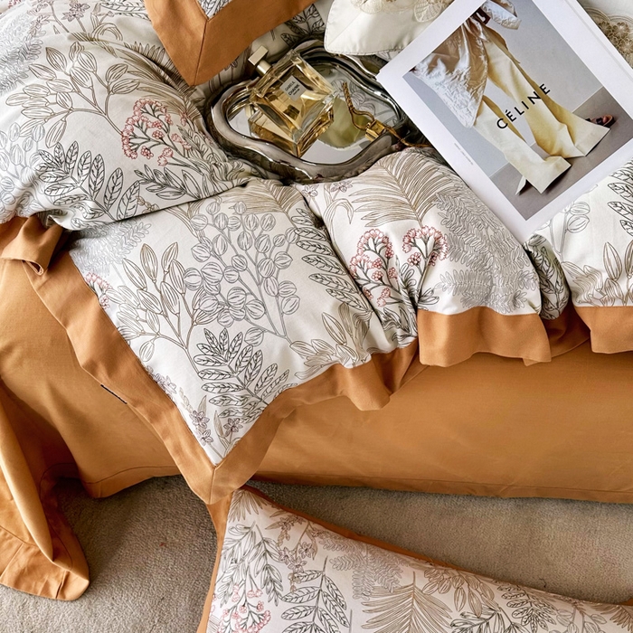 91家纺网 家纺一手货源 找家纺 薏思家纺 2025新款全棉斜纹加厚数码印花-宽边磨毛系列 晨晓-桔