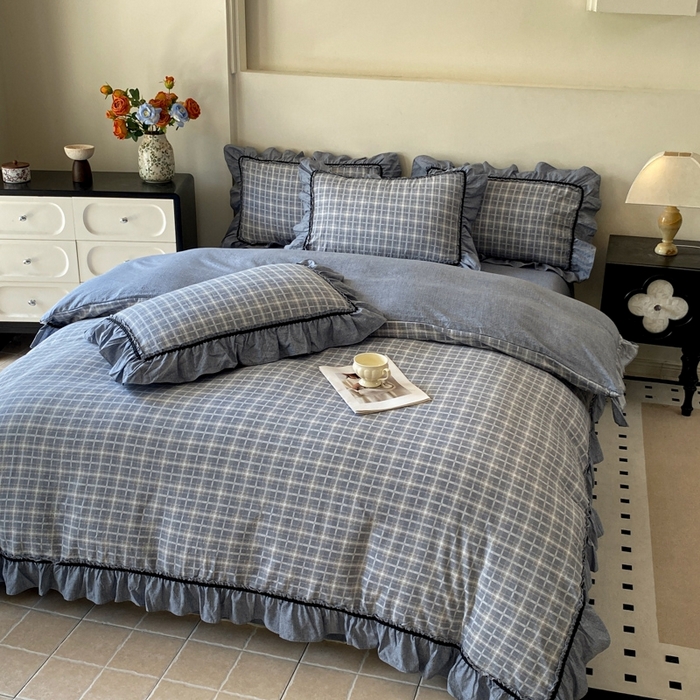 91家纺网 家纺一手货源 找家纺 艺玲家纺 2025新款亲肤舒适复古水洗亚麻四件套 简约线条