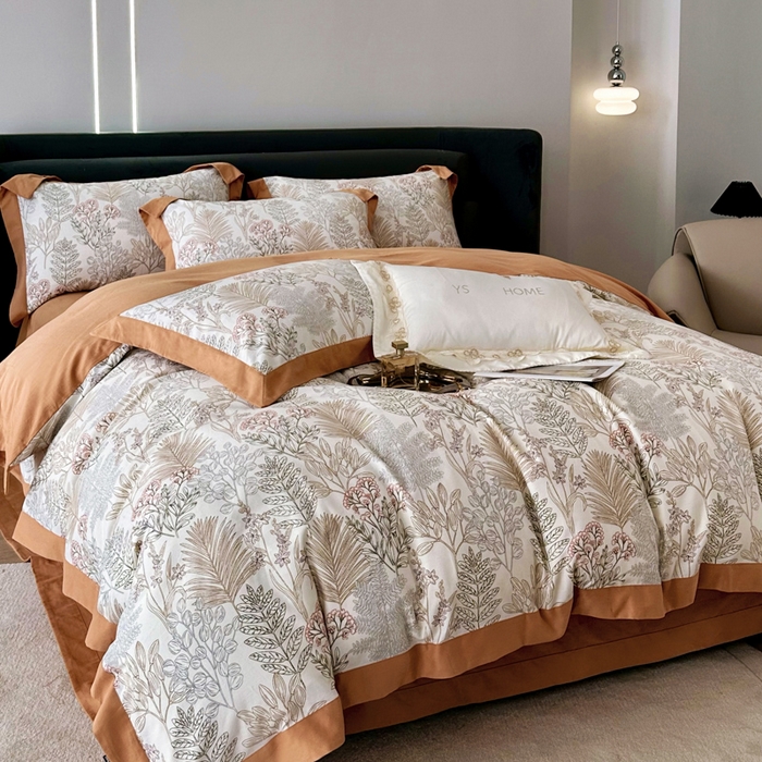 91家纺网 家纺一手货源 找家纺 薏思家纺 2025新款全棉斜纹加厚数码印花-宽边磨毛系列 晨晓-桔