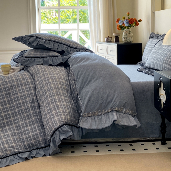 91家纺网 家纺一手货源 找家纺 艺玲家纺 2025新款亲肤舒适复古水洗亚麻四件套 简约线条