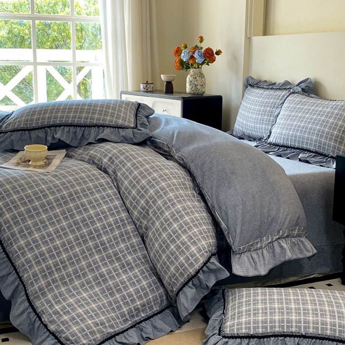 91家纺网 家纺一手货源 找家纺 艺玲家纺 2025新款亲肤舒适复古水洗亚麻四件套 简约线条