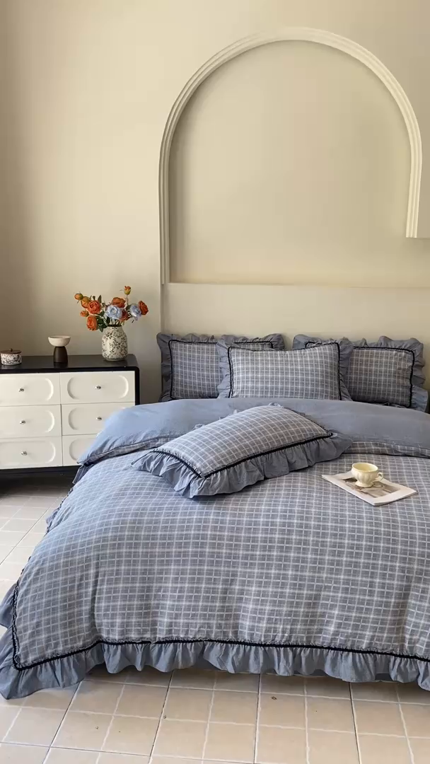 91家纺网 家纺一手货源 找家纺 艺玲家纺 2025新款亲肤舒适复古水洗亚麻四件套 简约线条