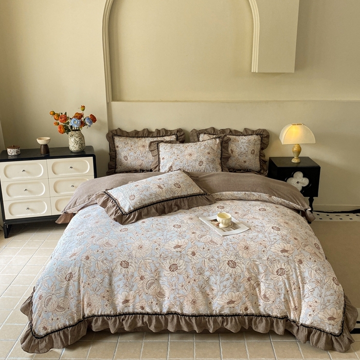 91家纺网 家纺一手货源 找家纺 艺玲家纺 2025新款亲肤舒适复古水洗亚麻四件套 满园花开