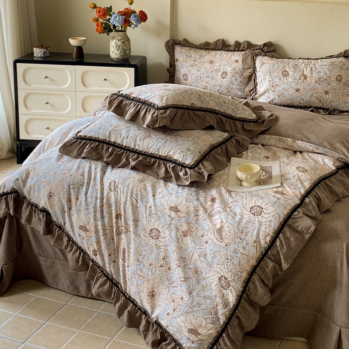 91家纺网 家纺一手货源 找家纺 艺玲家纺 2025新款亲肤舒适复古水洗亚麻四件套 满园花开