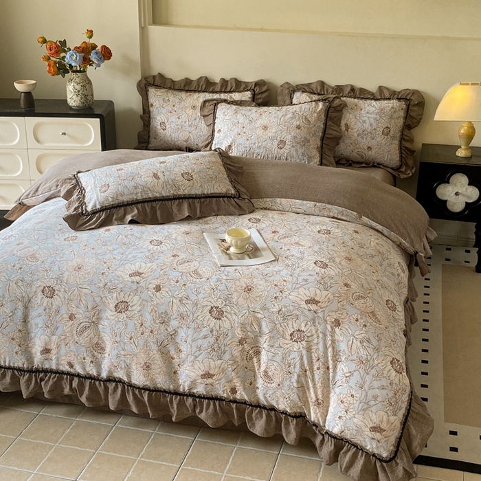 91家纺网 家纺一手货源 找家纺 艺玲家纺 2025新款亲肤舒适复古水洗亚麻四件套 满园花开