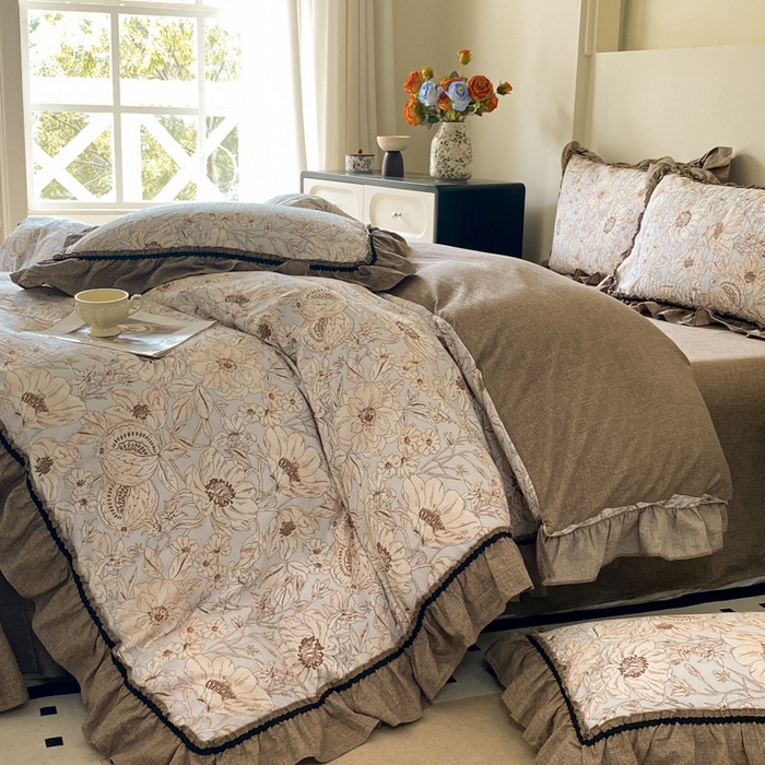 91家纺网 家纺一手货源 找家纺 艺玲家纺 2025新款亲肤舒适复古水洗亚麻四件套 满园花开