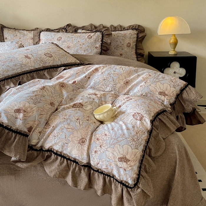 91家纺网 家纺一手货源 找家纺 艺玲家纺 2025新款亲肤舒适复古水洗亚麻四件套 满园花开