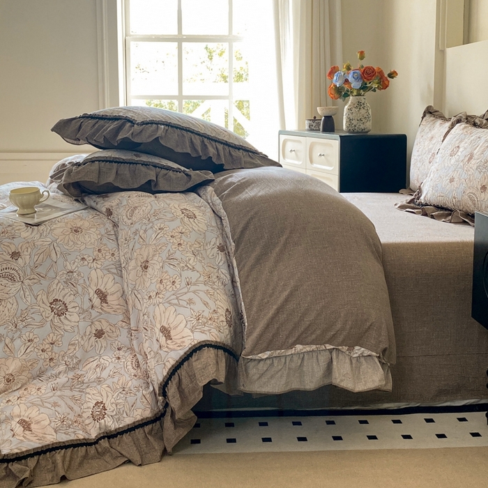 91家纺网 家纺一手货源 找家纺 艺玲家纺 2025新款亲肤舒适复古水洗亚麻四件套 满园花开