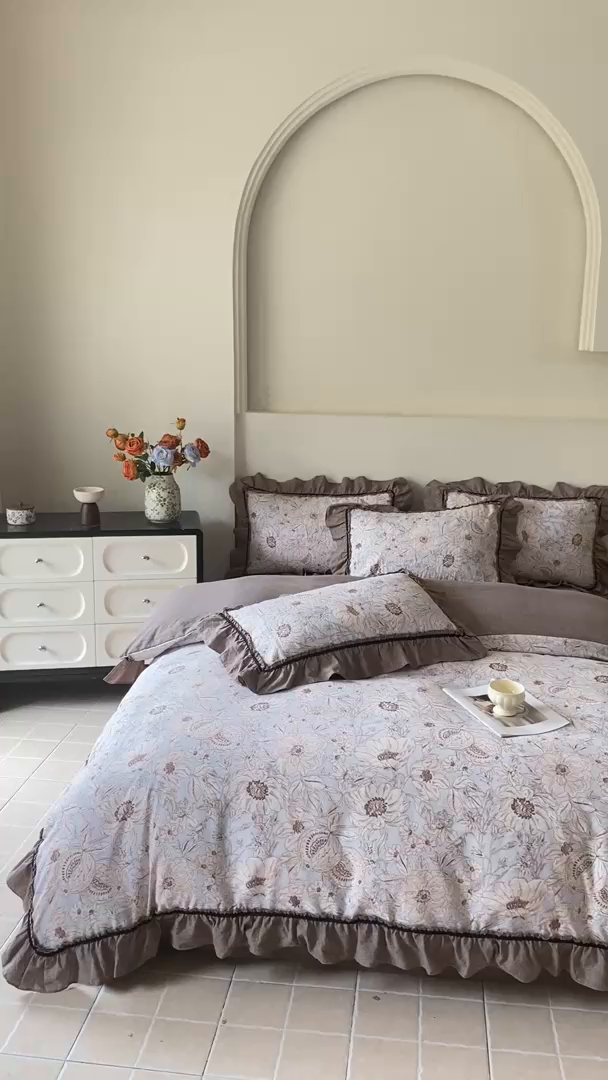 91家纺网 家纺一手货源 找家纺 艺玲家纺 2025新款亲肤舒适复古水洗亚麻四件套 满园花开