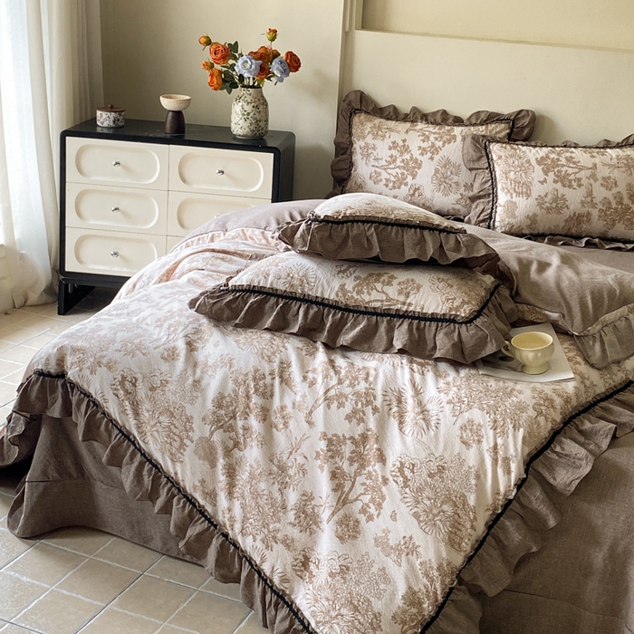 91家纺网 家纺一手货源 找家纺 艺玲家纺 2025新款亲肤舒适复古水洗亚麻四件套 陌上花开