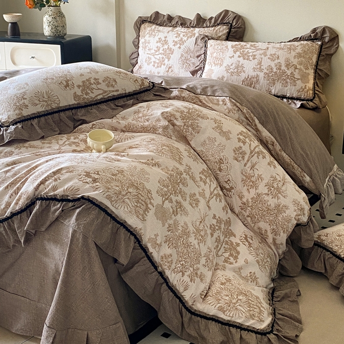 91家纺网 家纺一手货源 找家纺 艺玲家纺 2025新款亲肤舒适复古水洗亚麻四件套 陌上花开