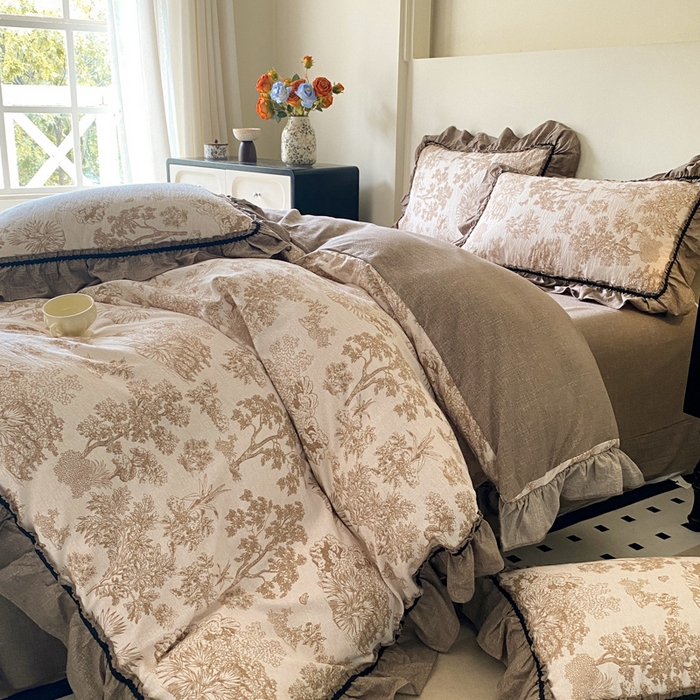 91家纺网 家纺一手货源 找家纺 艺玲家纺 2025新款亲肤舒适复古水洗亚麻四件套 陌上花开