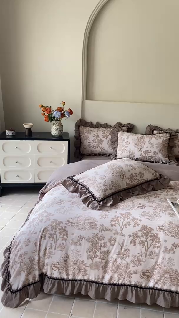 91家纺网 家纺一手货源 找家纺 艺玲家纺 2025新款亲肤舒适复古水洗亚麻四件套 陌上花开