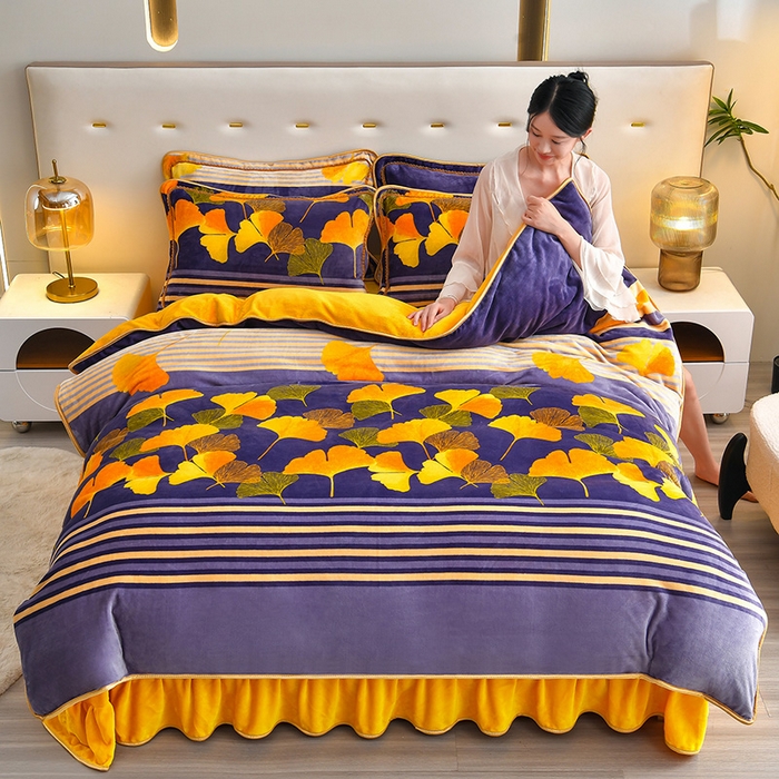 91家纺网 家纺一手货源 找家纺 亿品2025直播爆款9.5斤牛奶绒四件套加厚保暖床裙四件套 杏运树