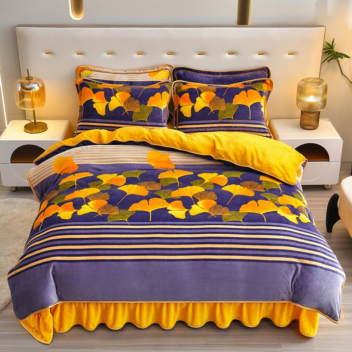 91家纺网 家纺一手货源 找家纺 亿品2025直播爆款9.5斤牛奶绒四件套加厚保暖床裙四件套 杏运树