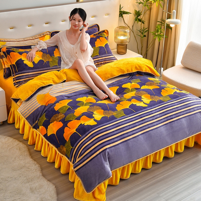 91家纺网 家纺一手货源 找家纺 亿品2025直播爆款9.5斤牛奶绒四件套加厚保暖床裙四件套 杏运树