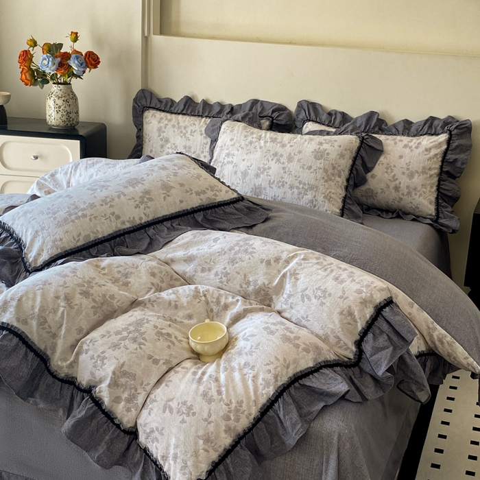 91家纺网 家纺一手货源 找家纺 艺玲家纺 2025新款亲肤舒适复古水洗亚麻四件套 花之舞