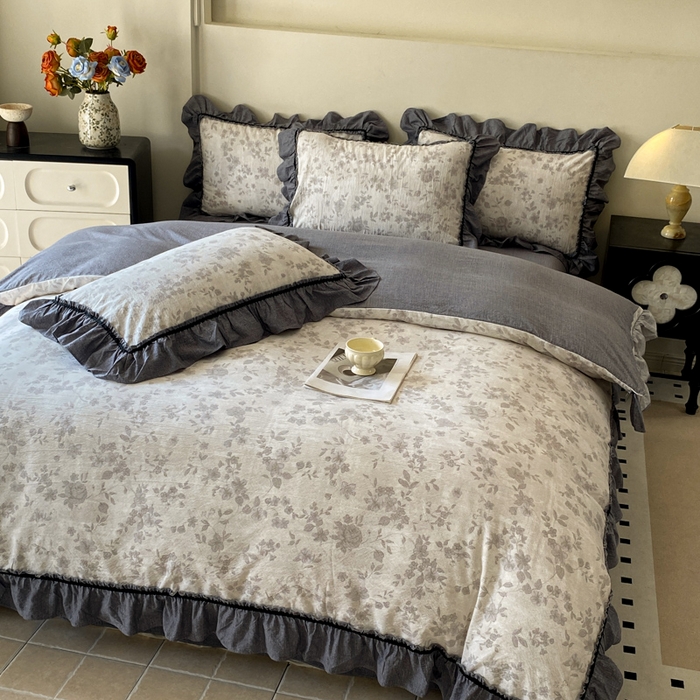 91家纺网 家纺一手货源 找家纺 艺玲家纺 2025新款亲肤舒适复古水洗亚麻四件套 花之舞