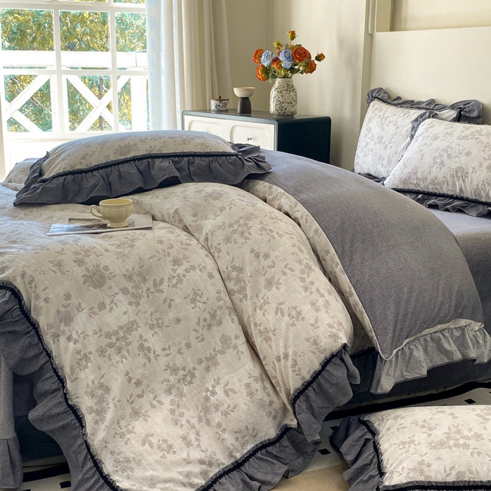 91家纺网 家纺一手货源 找家纺 艺玲家纺 2025新款亲肤舒适复古水洗亚麻四件套 花之舞