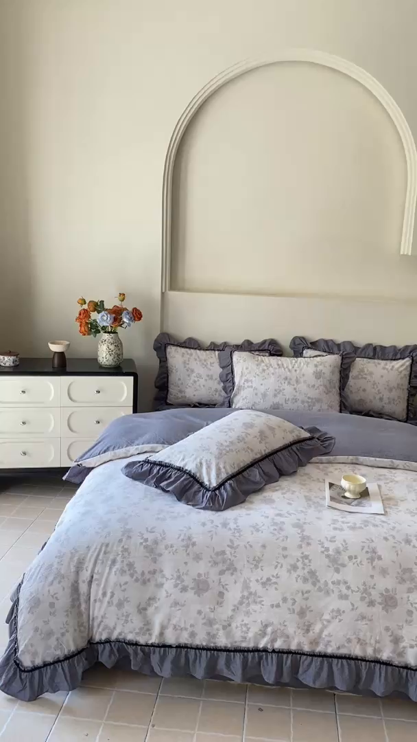 91家纺网 家纺一手货源 找家纺 艺玲家纺 2025新款亲肤舒适复古水洗亚麻四件套 花之舞