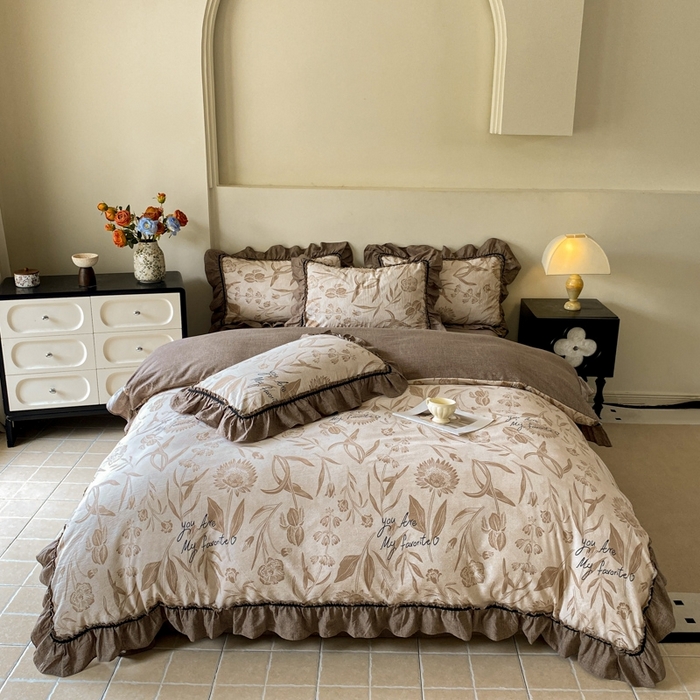 91家纺网 家纺一手货源 找家纺 艺玲家纺 2025新款亲肤舒适复古水洗亚麻四件套 向上花开