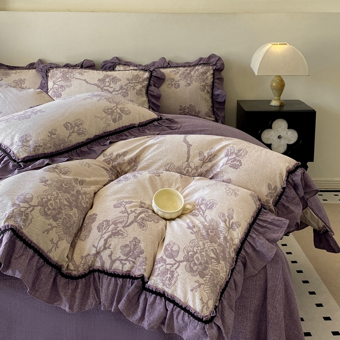 91家纺网 家纺一手货源 找家纺 艺玲家纺 2025新款亲肤舒适复古水洗亚麻四件套 紫嫣