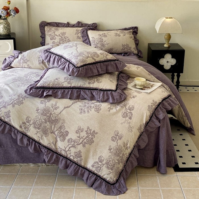 91家纺网 家纺一手货源 找家纺 艺玲家纺 2025新款亲肤舒适复古水洗亚麻四件套 紫嫣