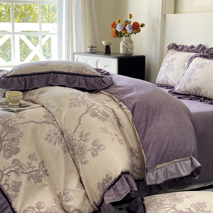 91家纺网 家纺一手货源 找家纺 艺玲家纺 2025新款亲肤舒适复古水洗亚麻四件套 紫嫣