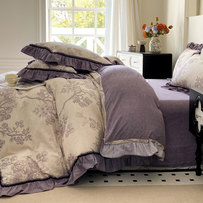 91家纺网 家纺一手货源 找家纺 艺玲家纺 2025新款亲肤舒适复古水洗亚麻四件套 紫嫣