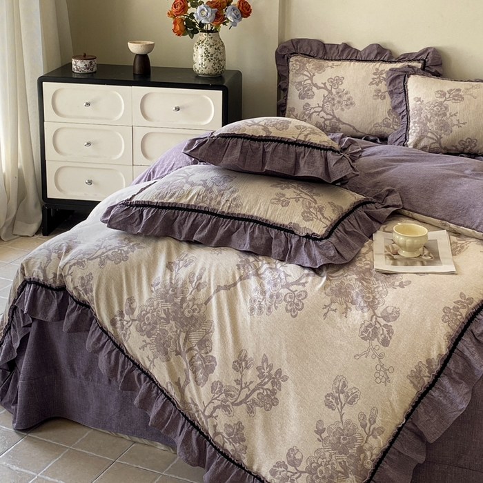 91家纺网 家纺一手货源 找家纺 艺玲家纺 2025新款亲肤舒适复古水洗亚麻四件套 紫嫣