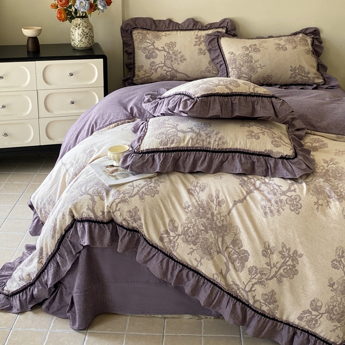 91家纺网 家纺一手货源 找家纺 艺玲家纺 2025新款亲肤舒适复古水洗亚麻四件套 紫嫣