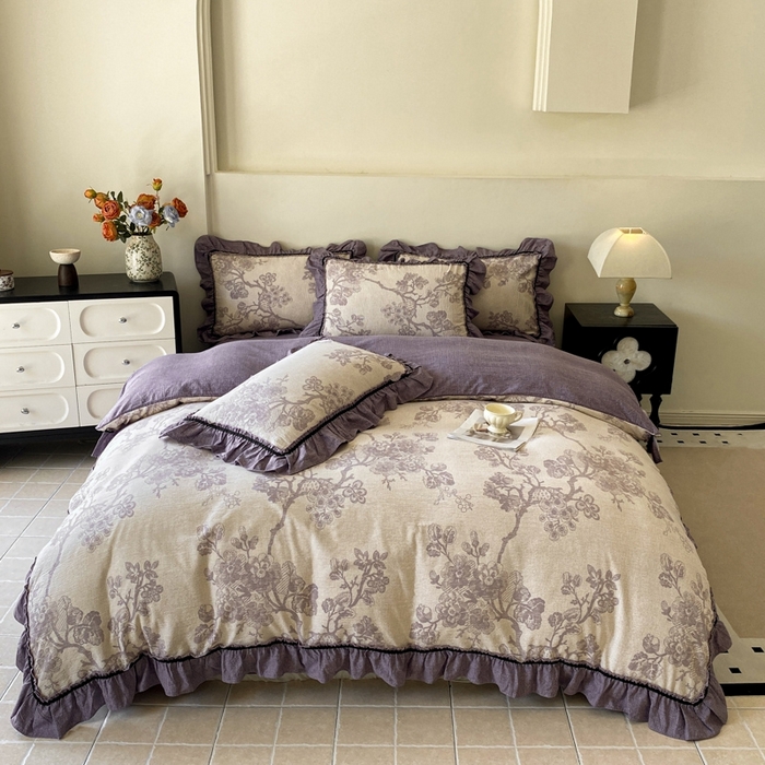 91家纺网 家纺一手货源 找家纺 艺玲家纺 2025新款亲肤舒适复古水洗亚麻四件套 紫嫣