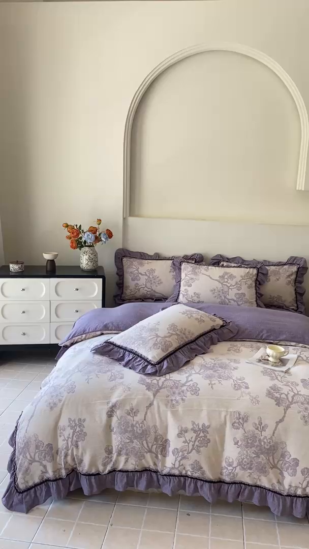 91家纺网 家纺一手货源 找家纺 艺玲家纺 2025新款亲肤舒适复古水洗亚麻四件套 紫嫣