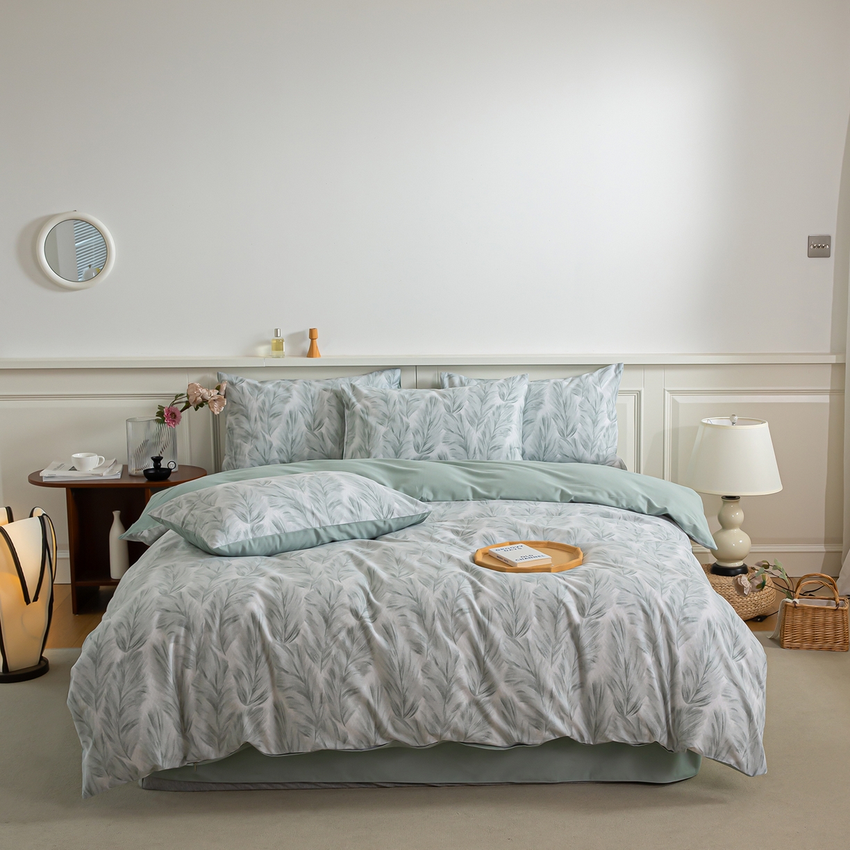 91家纺网 家纺一手货源 找家纺 绫韵家纺 2025秋冬新款印花全棉磨毛冬季加厚纯棉磨毛三件套四件套系列 羽裳-绿