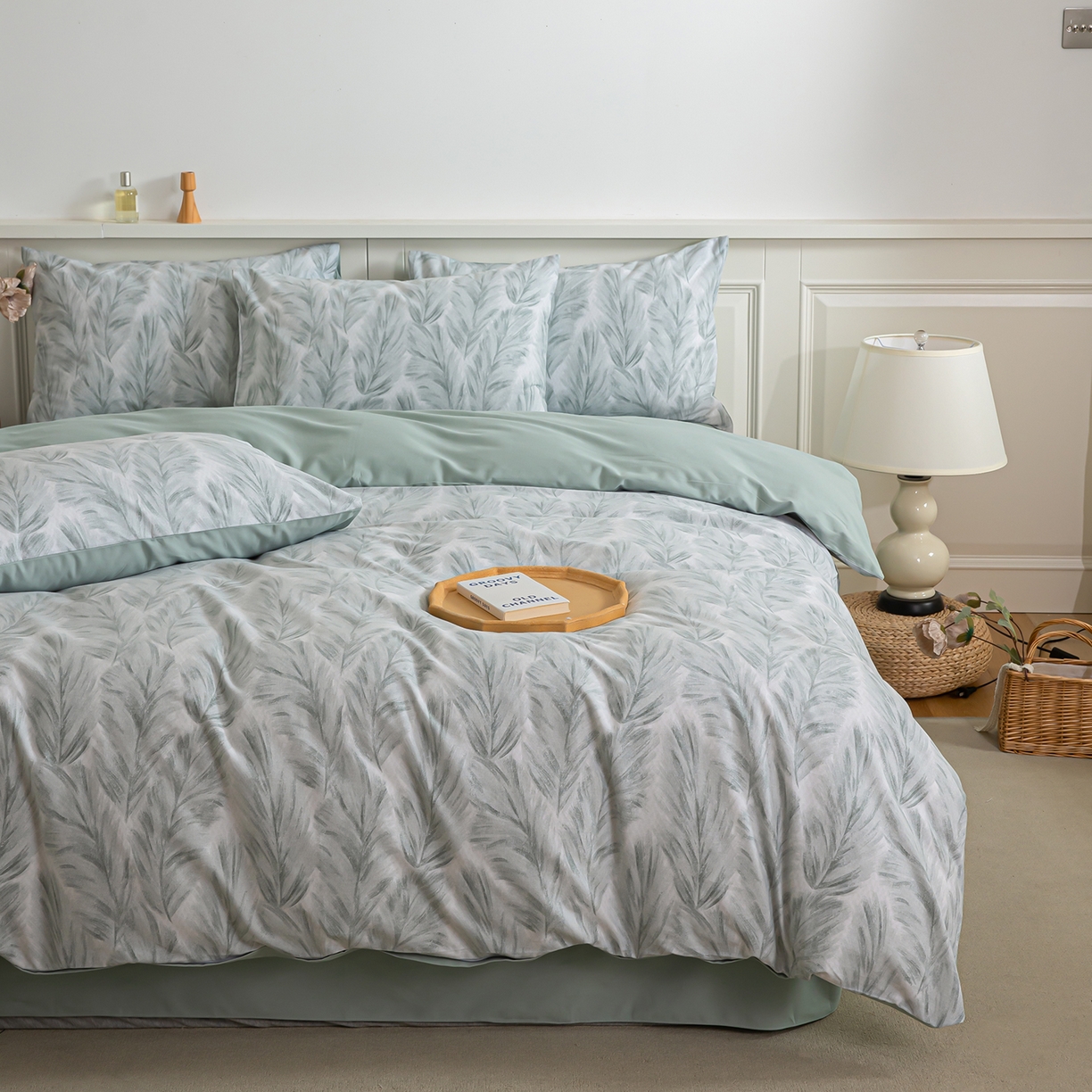 91家纺网 家纺一手货源 找家纺 绫韵家纺 2025秋冬新款印花全棉磨毛冬季加厚纯棉磨毛三件套四件套系列 羽裳-绿