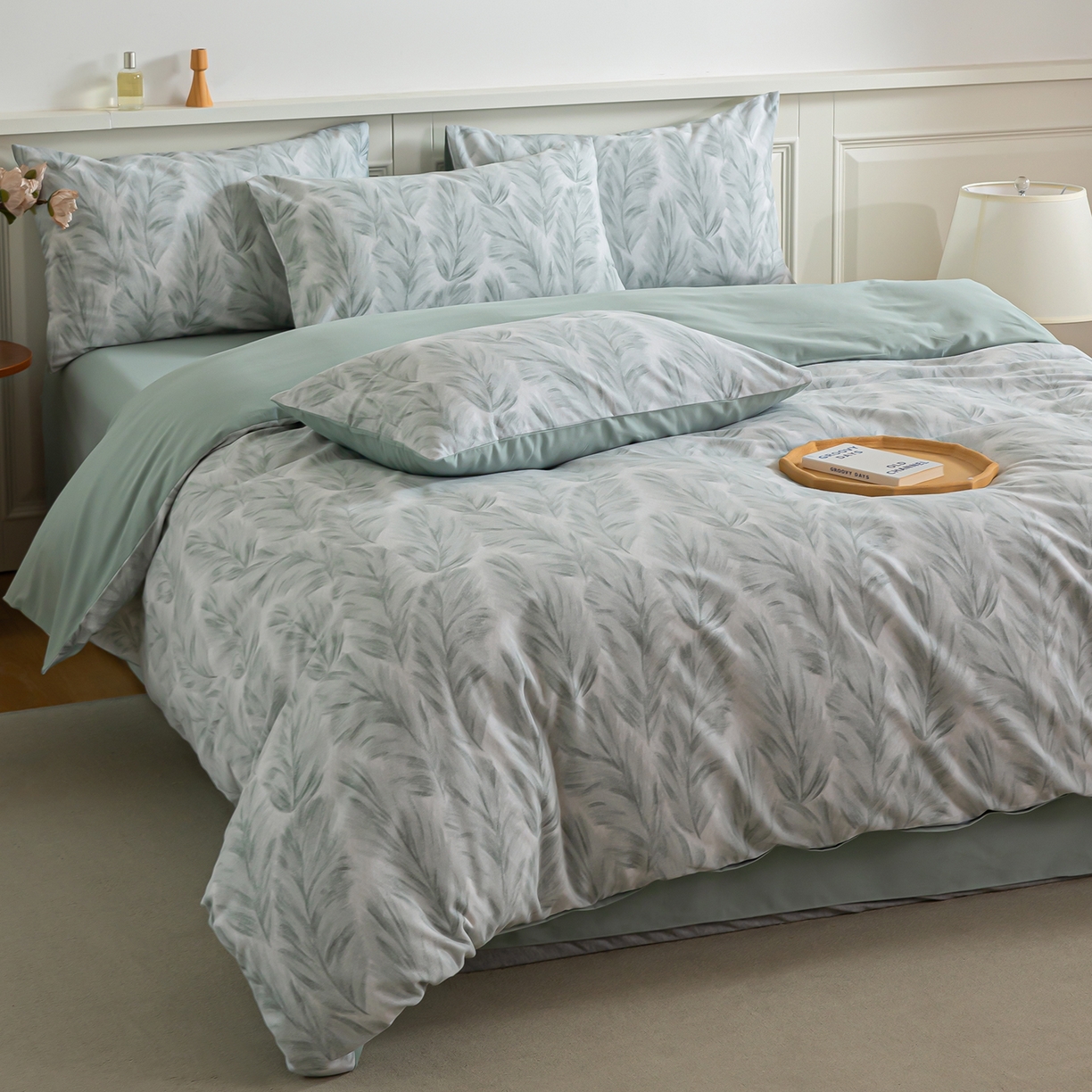 91家纺网 家纺一手货源 找家纺 绫韵家纺 2025秋冬新款印花全棉磨毛冬季加厚纯棉磨毛三件套四件套系列 羽裳-绿