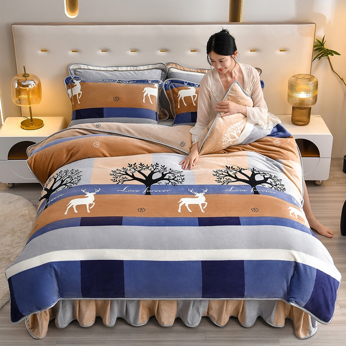 91家纺网 家纺一手货源 找家纺 亿品2025直播爆款9.5斤牛奶绒四件套加厚保暖床裙四件套 幸福鹿