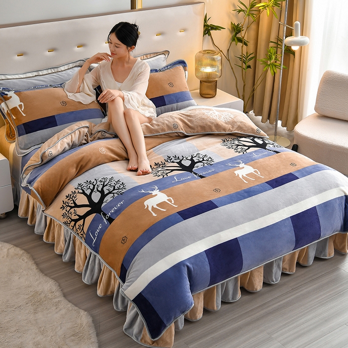 91家纺网 家纺一手货源 找家纺 亿品2025直播爆款9.5斤牛奶绒四件套加厚保暖床裙四件套 幸福鹿