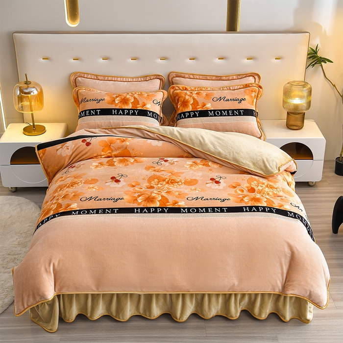 91家纺网 家纺一手货源 找家纺 亿品2025直播爆款9.5斤牛奶绒四件套加厚保暖床裙四件套 樱桃花香