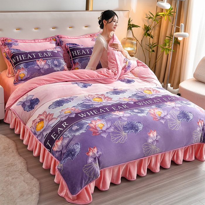 亿品2025直播爆款9.5斤牛奶绒四件套加厚保暖床裙四件套 紫韵