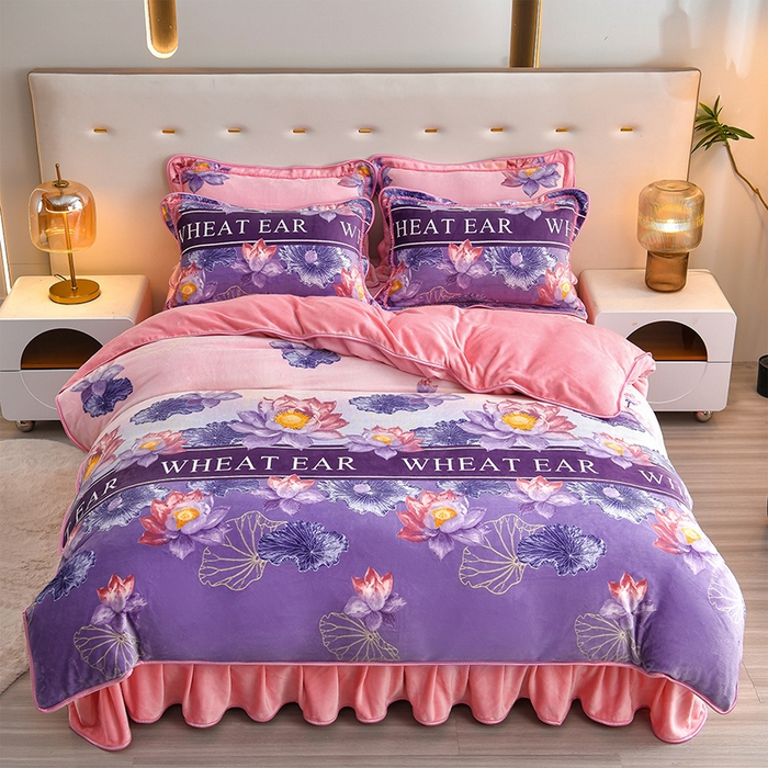 91家纺网 家纺一手货源 找家纺 亿品2025直播爆款9.5斤牛奶绒四件套加厚保暖床裙四件套 紫韵