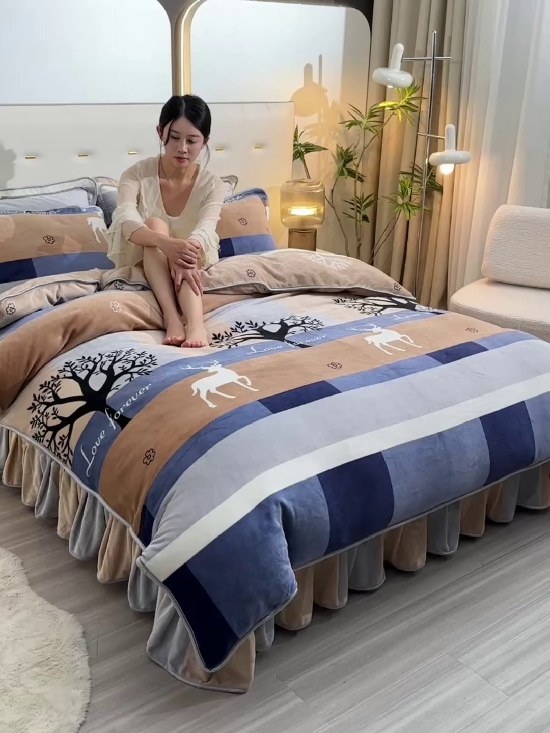 91家纺网 家纺一手货源 找家纺 亿品2025直播爆款9.5斤牛奶绒四件套加厚保暖床裙四件套 幸福鹿