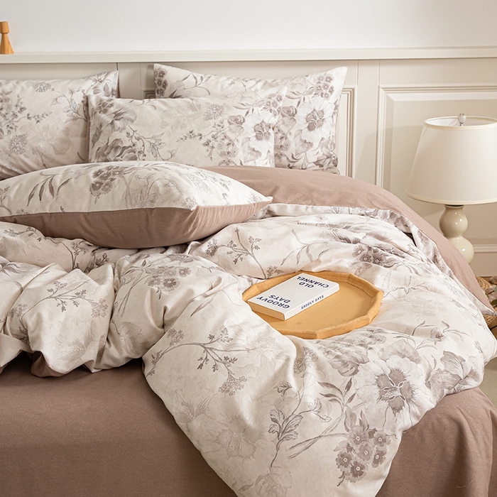 绫韵家纺 2025秋冬新款印花全棉磨毛冬季加厚纯棉磨毛三件套四件套系列 远黛-咖