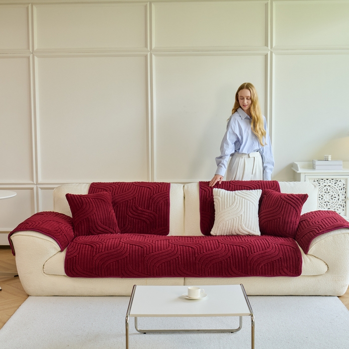 91家纺网 家纺一手货源 找家纺 闲鱼家纺 2025新款软糯厚实舒棉绒沙发垫 酒红